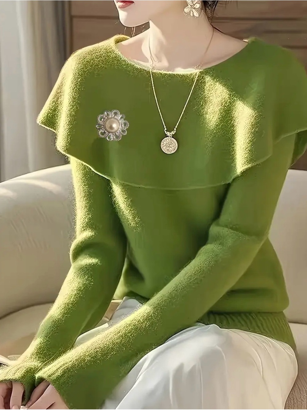 Olive Green Women's Wide Collar Sweater EUC